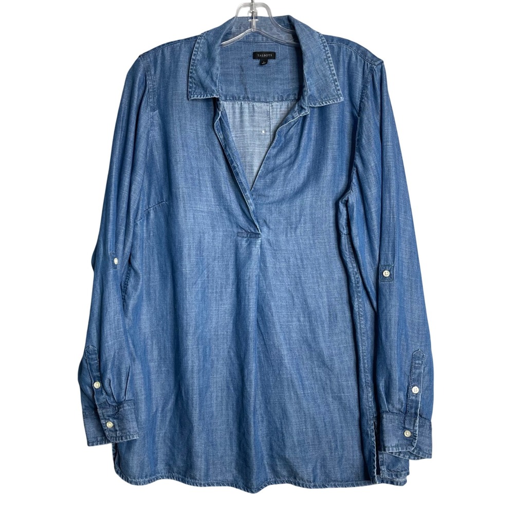 Talbots Chambray Popover Top Womens L Blue Button Back V Neck Roll Tab‎ Sleeves